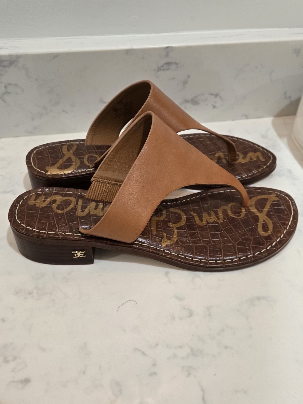 Sam Edelman Tan Leather Thong Sandals with Croc-Embossed Footbed